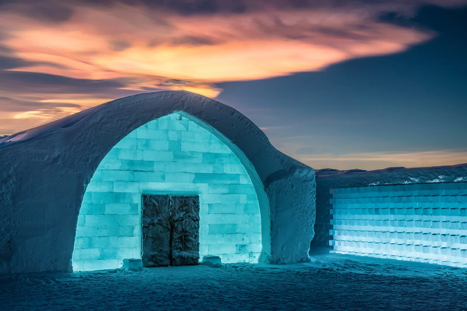 Carved snow and ice corridor inside the Icehotel at Jukkasjärvi in Swedish Lapland