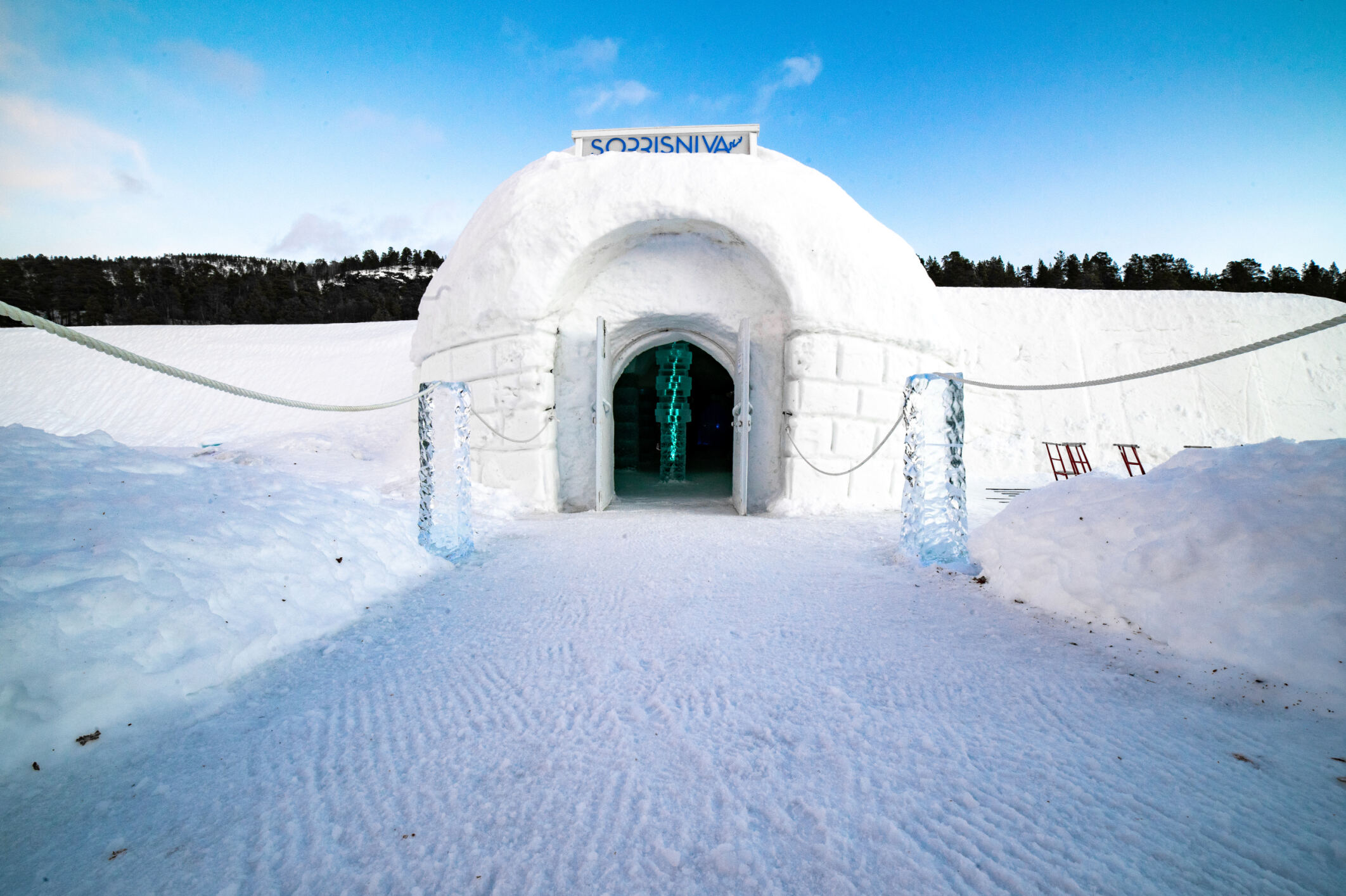 Arched snow corridor of the Sorrisniva Igloo Hotel above the Alta River in Norway