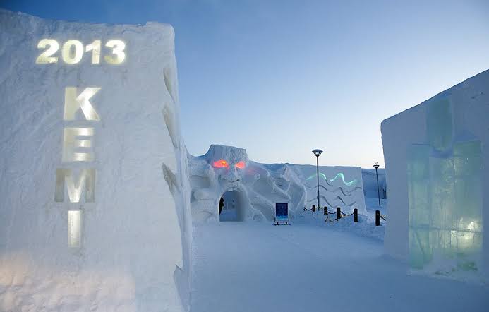 Packed snow walls and towers of the SnowCastle of Kemi on the Gulf of Bothnia
