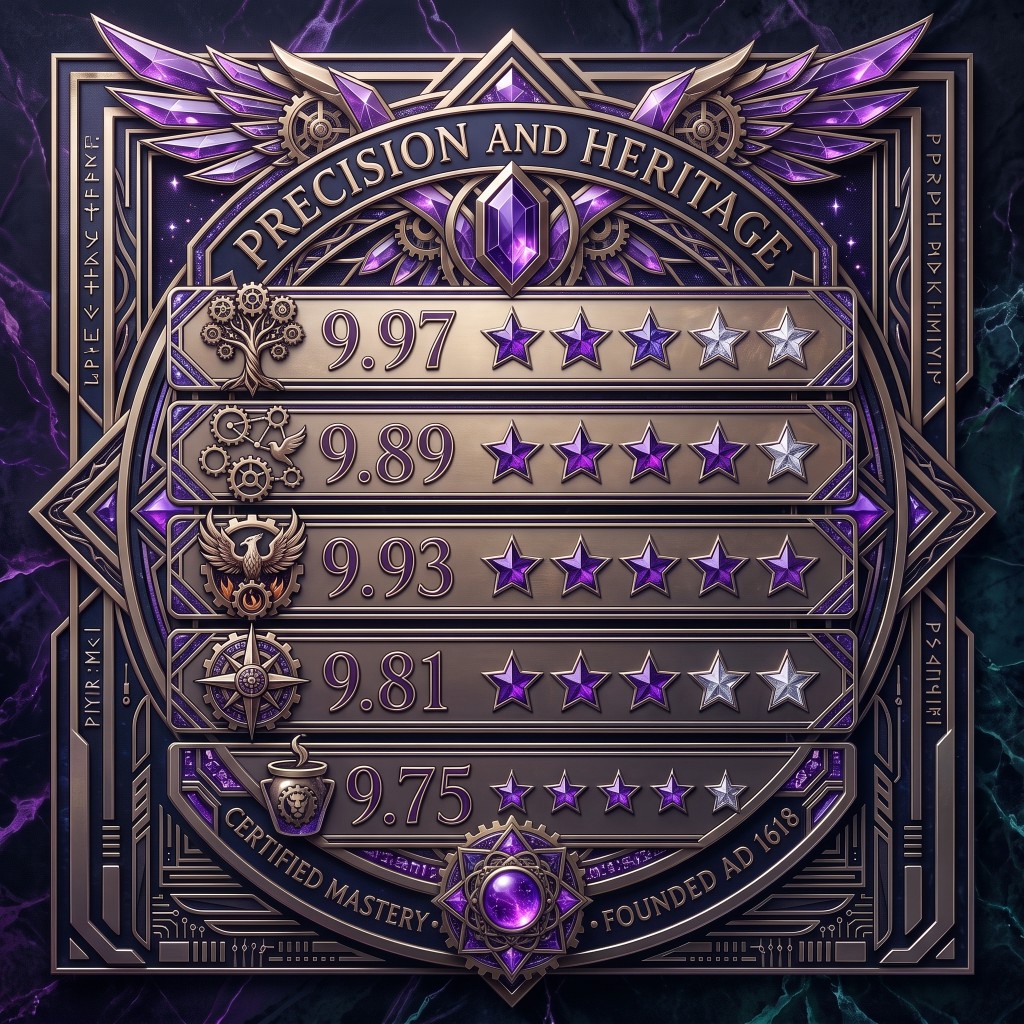 Ornate bronze and purple plaque reading Precision and Heritage, with five scores